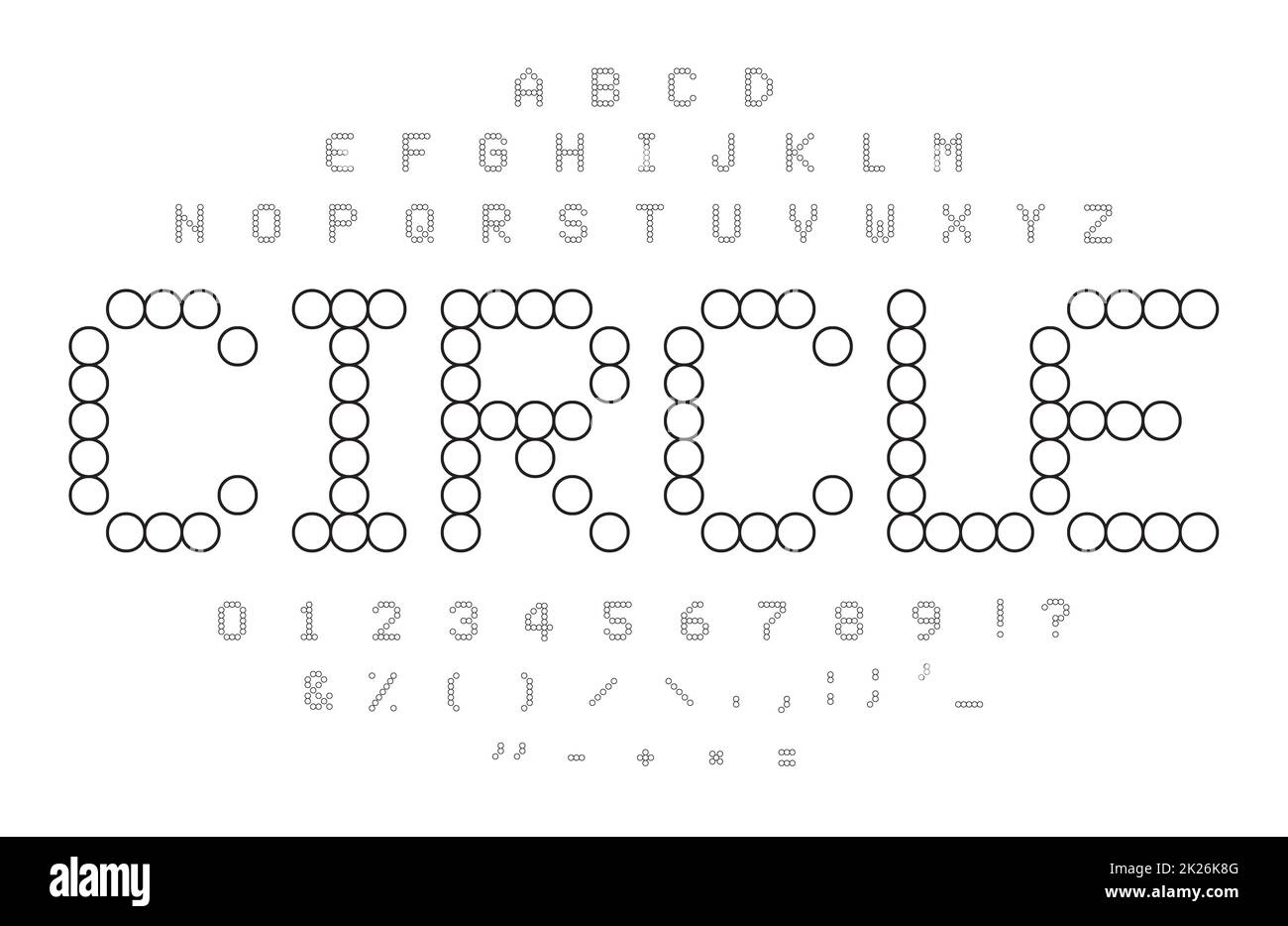 I contorni del cerchio alfabeto. Bianco e Nero tratteggiato semplici lettere, numeri e simboli. Tessere mosaico forma. Cerchio puzzle il concetto di font. Foto Stock