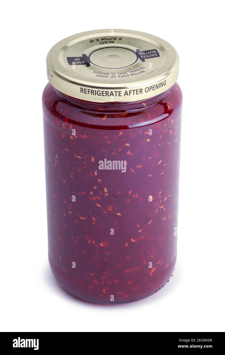 Vasetto di marmellata di Rasberry tagliato su bianco. Foto Stock