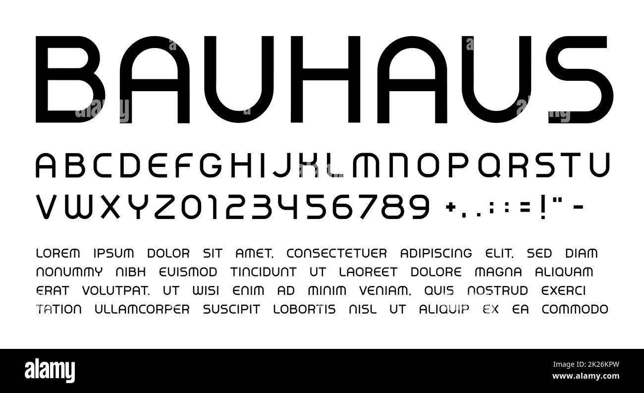 Lettere e numeri Bauhaus impostati. Intestazione arrotondata maiuscola stile moderno vettore alfabeto latino. Font per eventi, promozioni, logo, banner, monogramma e poster. Design tipografico. Foto Stock