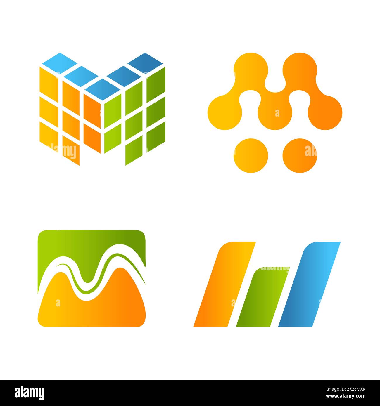 Isolato astratto blu, arancione e verde di colore stilizzato lettera m raccolta logo, elemento alfabeto logotipo set vettore illustrazione Foto Stock