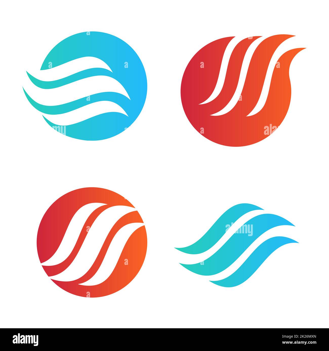 Onda ondulata in forma rotonda, rosso e blu logo in piuma. Isolato astratto logo decorativo set, elemento di design modello su sfondo bianco Foto Stock