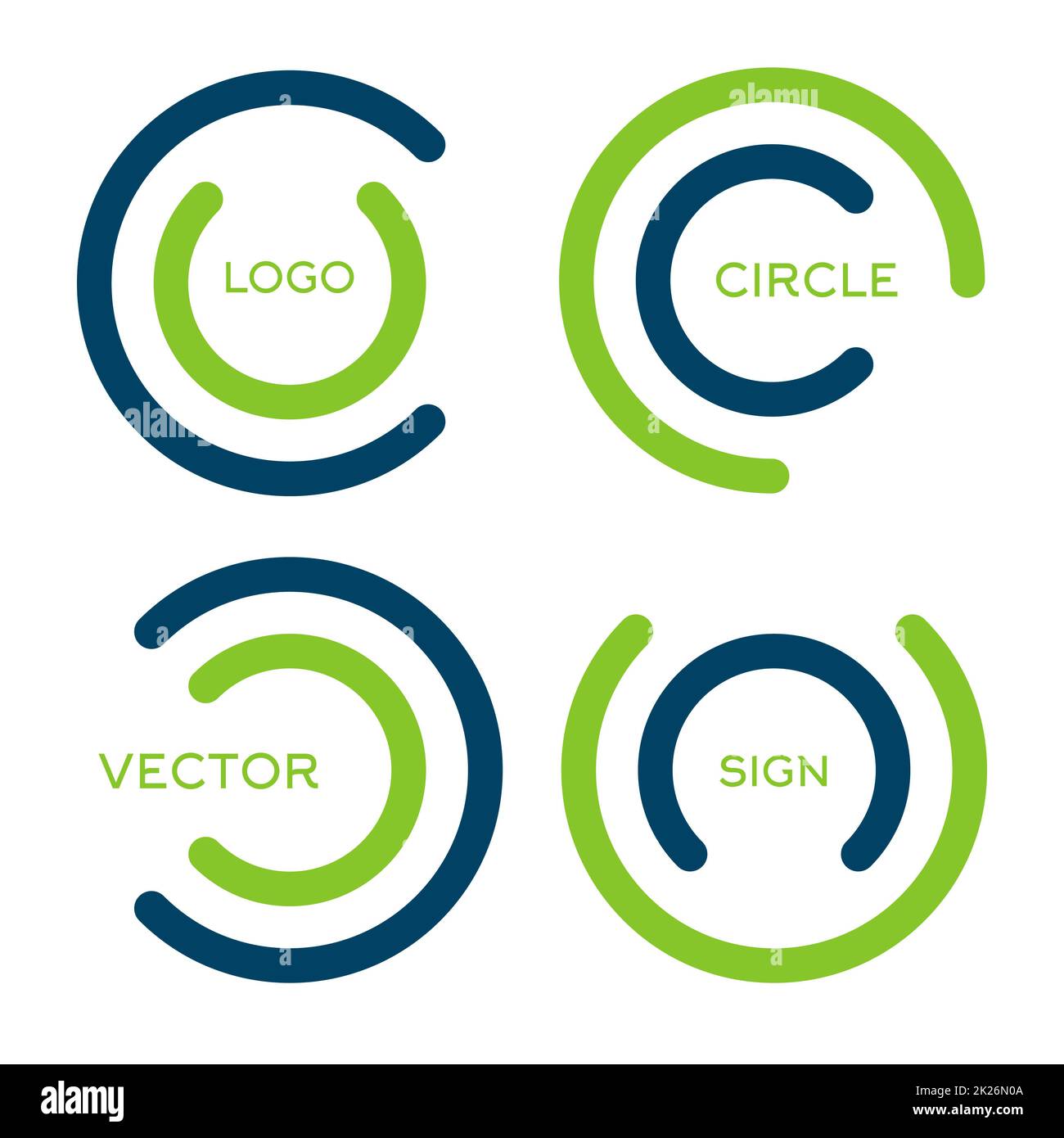 Set di logo vettoriali circolari astratti isolati. Collezione di illustrazioni vettoriali per ruote stilizzate di colore verde e blu. Segnale di caricamento insolito. Foto Stock
