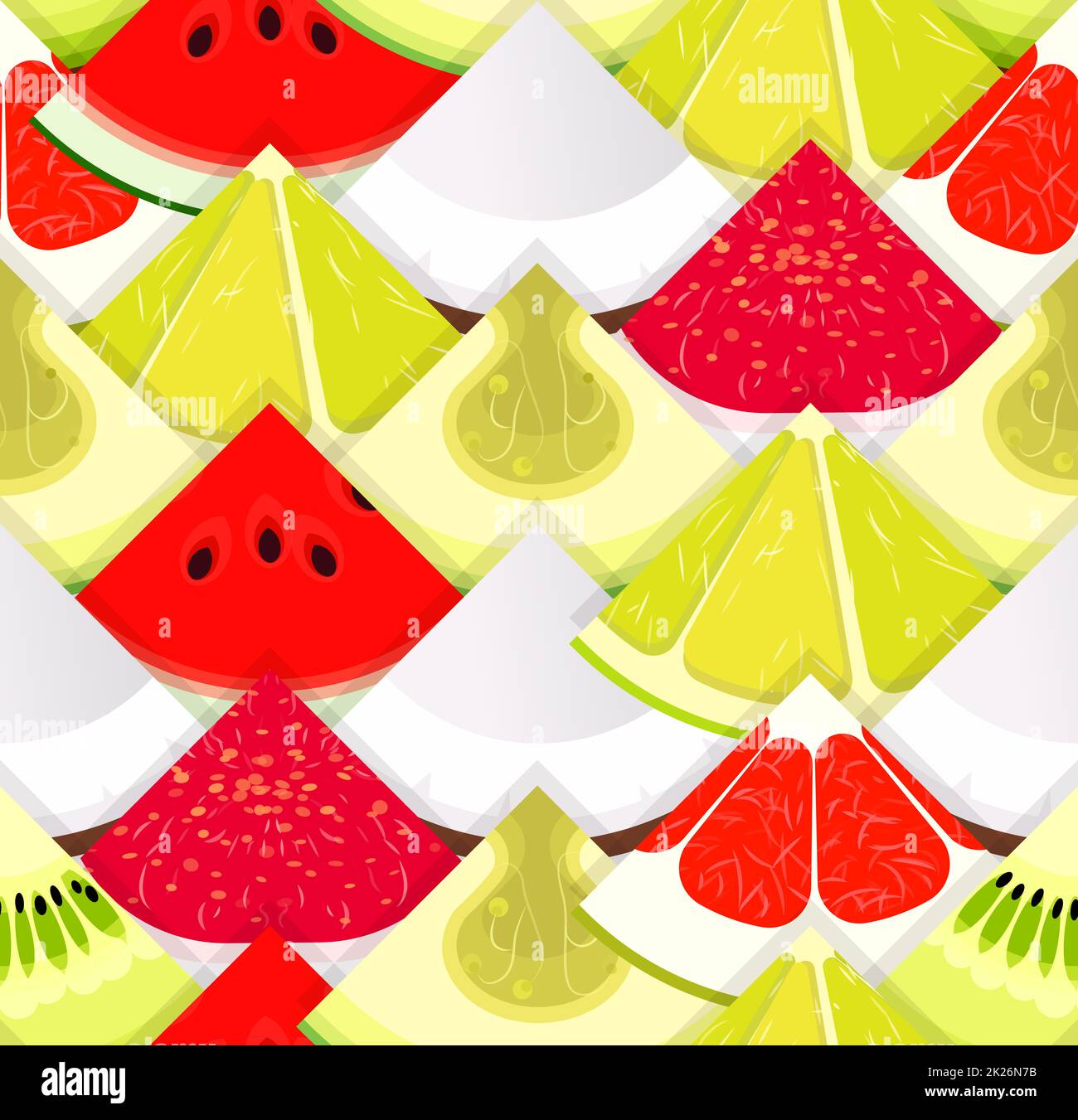 Frutta senza cuciture. Modello con pezzi di frutta. Texture per confezionamento e sfondo. Sfondo luminoso e ripetibile. Illustrazione vettoriale Foto Stock