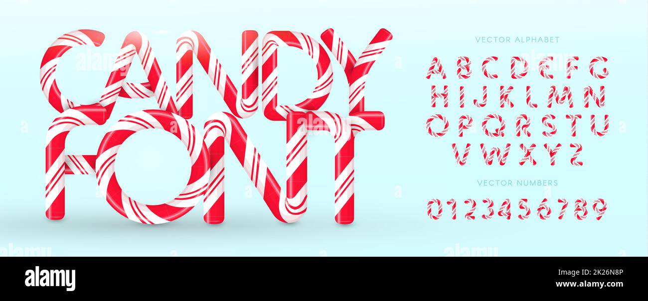 Fonte caramella. Alfabeto e numeri vettoriali. Caramelle dolci, lollipop lettere latine. Lettere bianche con strisce rosse. Modello di monogramma e poster Circus e clown. Design tipografico. Foto Stock