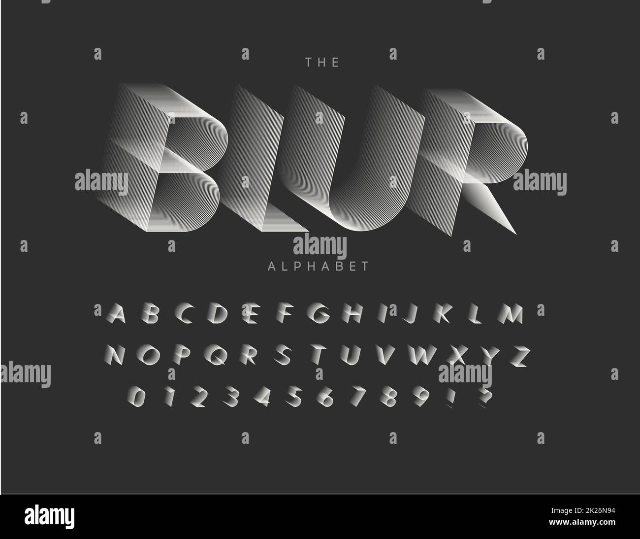 Le lettere, i numeri e i segni di sfocatura della linea sono impostati. Alfabeto stile vento. Font per eventi, promozioni, logo, banner, monogramma e poster. Disegno tipografico vettoriale. Foto Stock