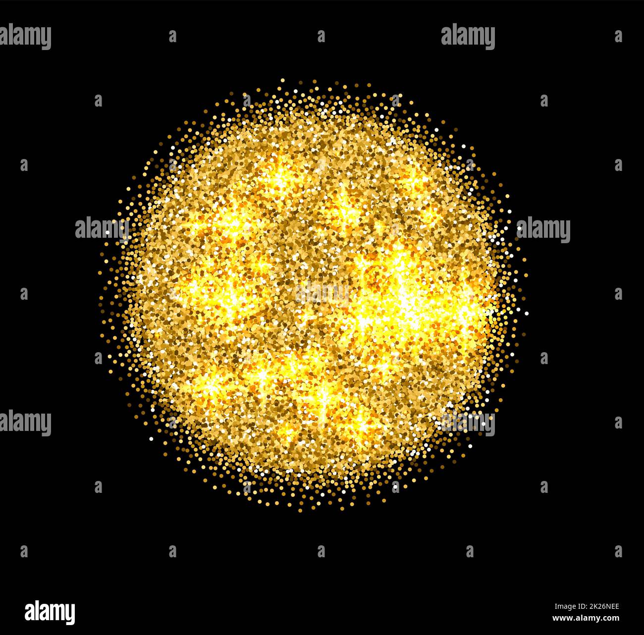 Abstract isolata forma tonda colore dorato brillante sole di tinsels immagine su sfondo nero, incandescente palla da discoteca, elemento decorativo illustrazione vettoriale Foto Stock