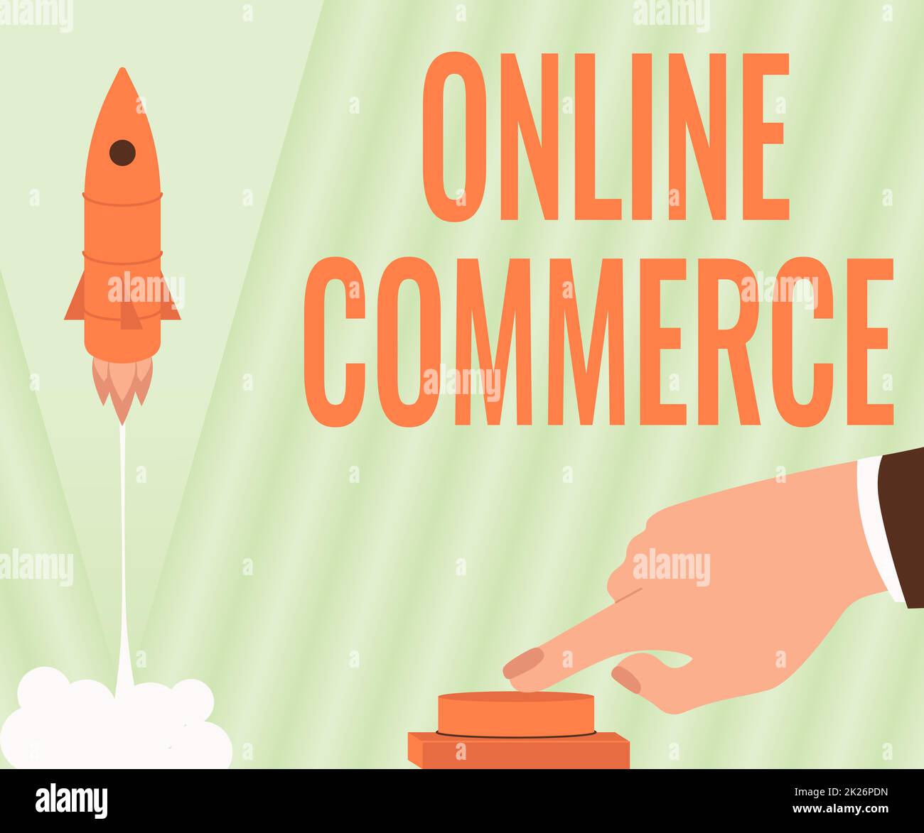 Visualizzazione concettuale Online Commerce. Attività fotografica concettuale di acquisto o vendita di prodotti su servizi online Man Hand premendo il pulsante per lanciare Rocket To Space for New Horizons. Foto Stock