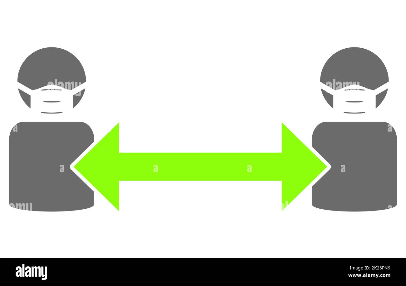 Freccia verde tra due persone con maschere facciali Foto Stock