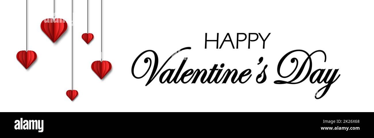Buon banner di saluto per San Valentino - scritta in colore nero e cuori rossi appesi sullo spago Foto Stock