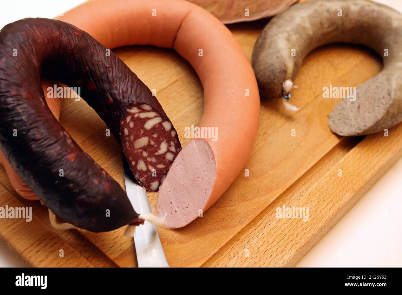 salsiccia di sangue, salsiccia di carne e salsiccia di fegato Foto Stock