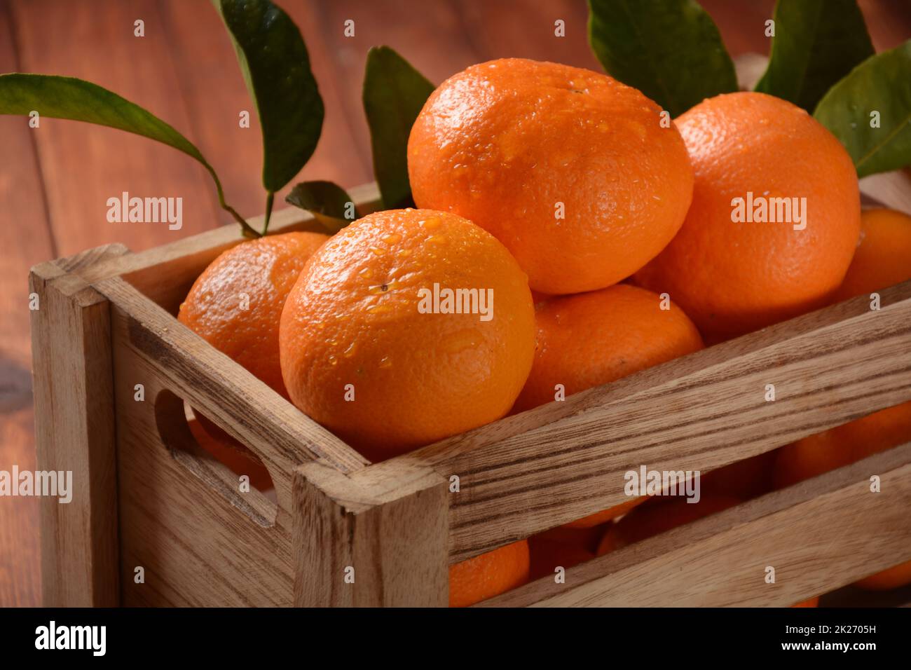 Mandarino fresco con foglie di frutteto. Giardinaggio domestico. Mandarino organico intero e fette. Colore arancione. Foto Stock