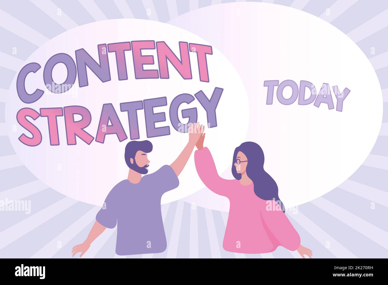 Didascalia di testo che presenta la strategia per i contenuti. Vetrina aziendale importante approccio di marketing distribuito per attirare l'acquirente colleghi felici Illustrazione dare alta Five a vicenda. Foto Stock