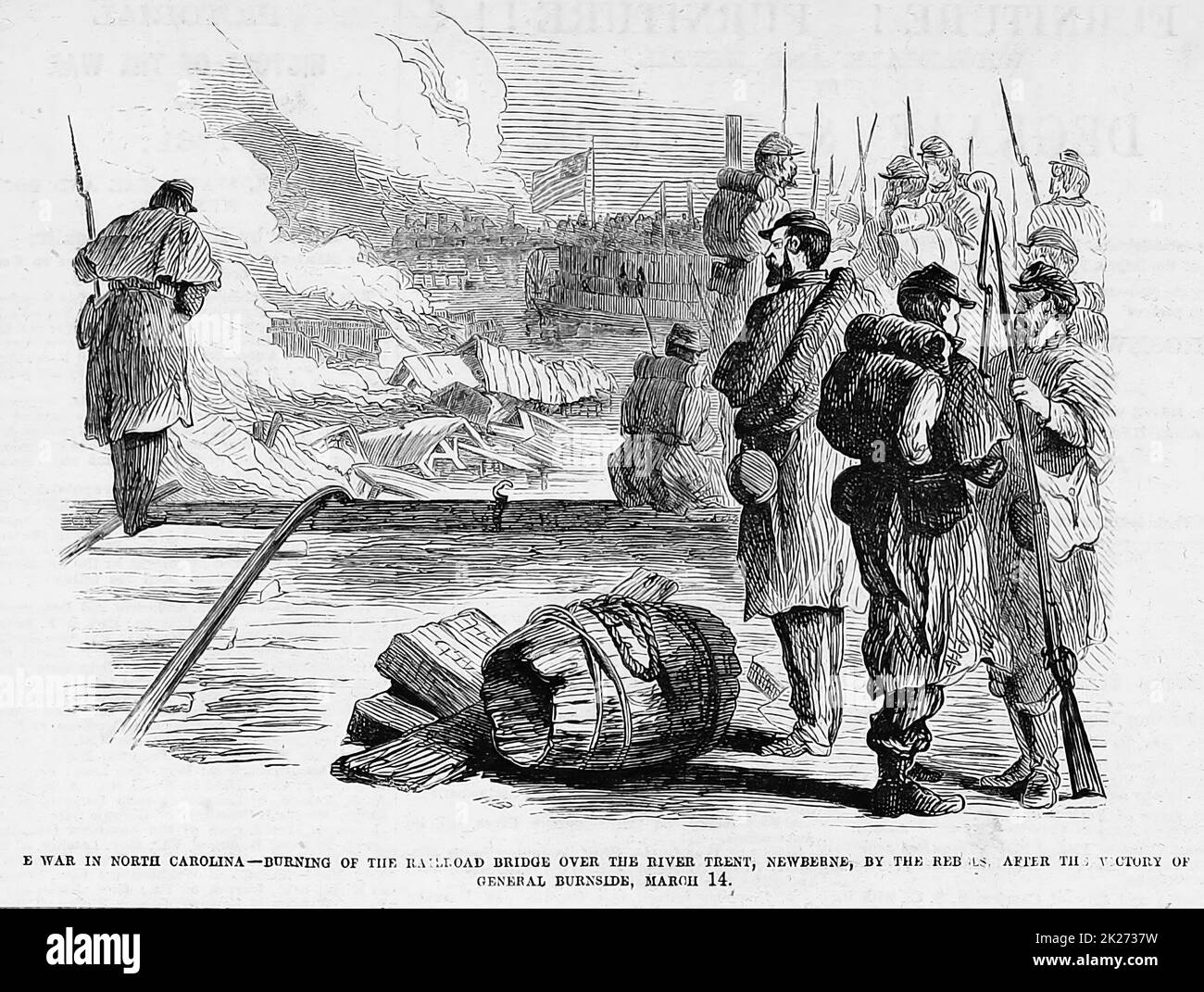 La guerra nella Carolina del Nord - bruciare il ponte ferroviario sul fiume Trent, New Bern, dai ribelli dopo la vittoria del generale Ambrose Everett Burnside. Aprile 1862. Illustrazione della guerra civile americana del 19th° secolo dal quotidiano illustrato di Frank Leslie Foto Stock