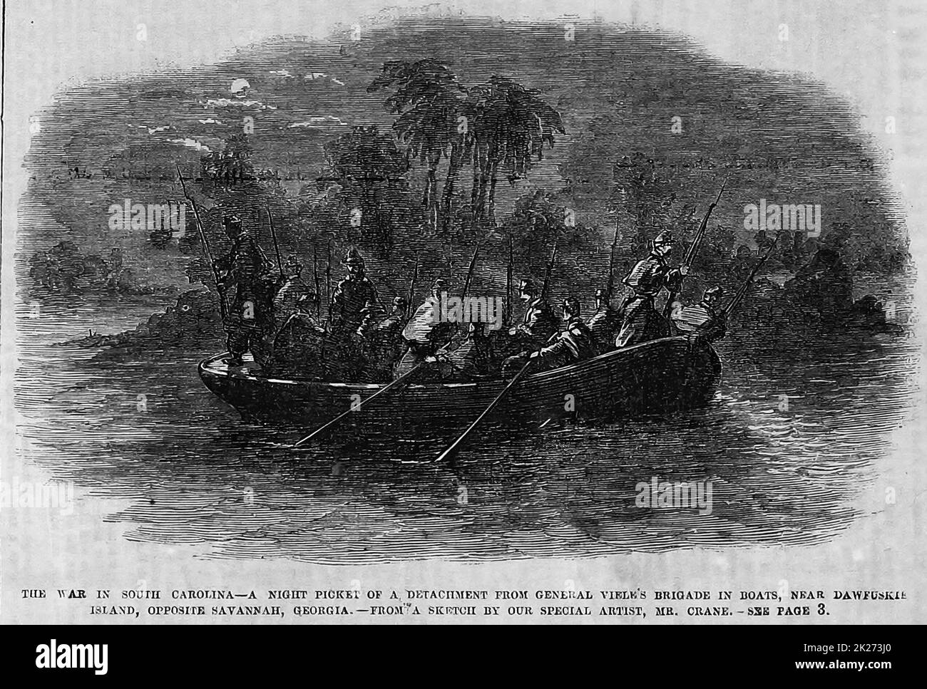 La guerra in South Carolina - Un picket notturno di un distacco dalla brigata del generale Egbert Ludovicus Viele in barche, vicino all'isola di Daufuskie, di fronte a Savannah, Georgia. Aprile 1862. Illustrazione della guerra civile americana del 19th° secolo dal quotidiano illustrato di Frank Leslie Foto Stock