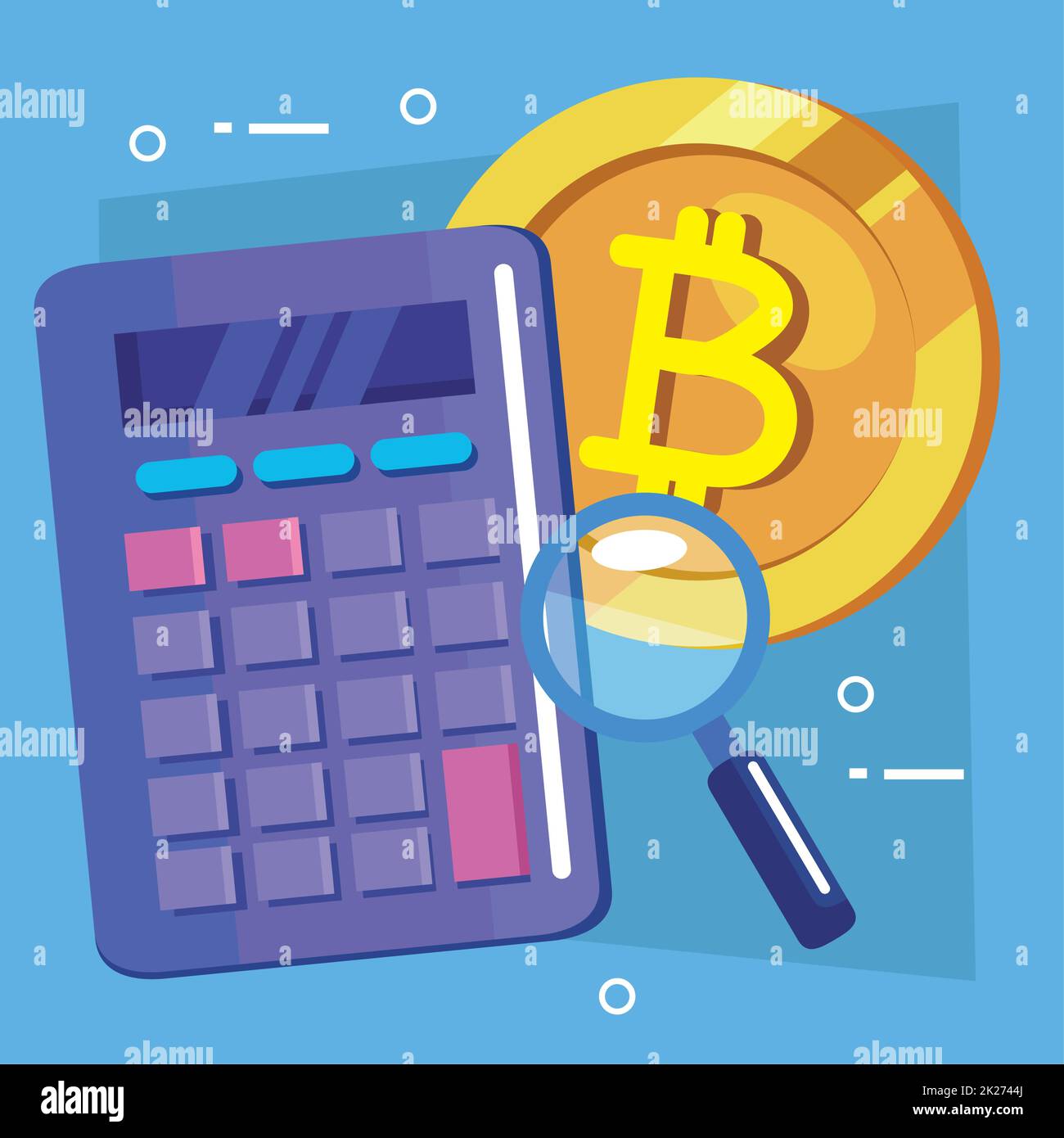 bitcoin con calcolatrice e lente d'ingrandimento Illustrazione Vettoriale