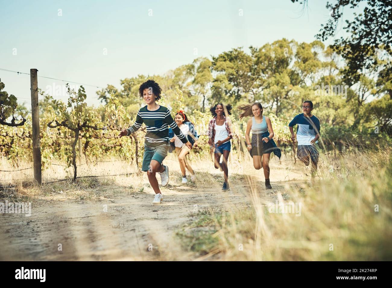 Correre selvaggio, correre libero. Girato di un gruppo di adolescenti che corrono attraverso la natura nel campo estivo. Foto Stock