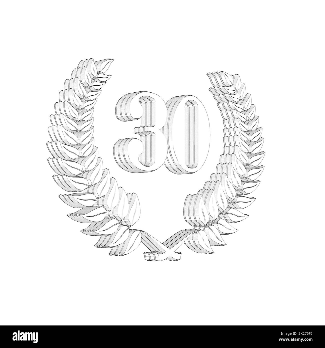 Numero 30 con corona di alloro o corona d'onore come 3D-illustrazione, 3D-rendering Foto Stock