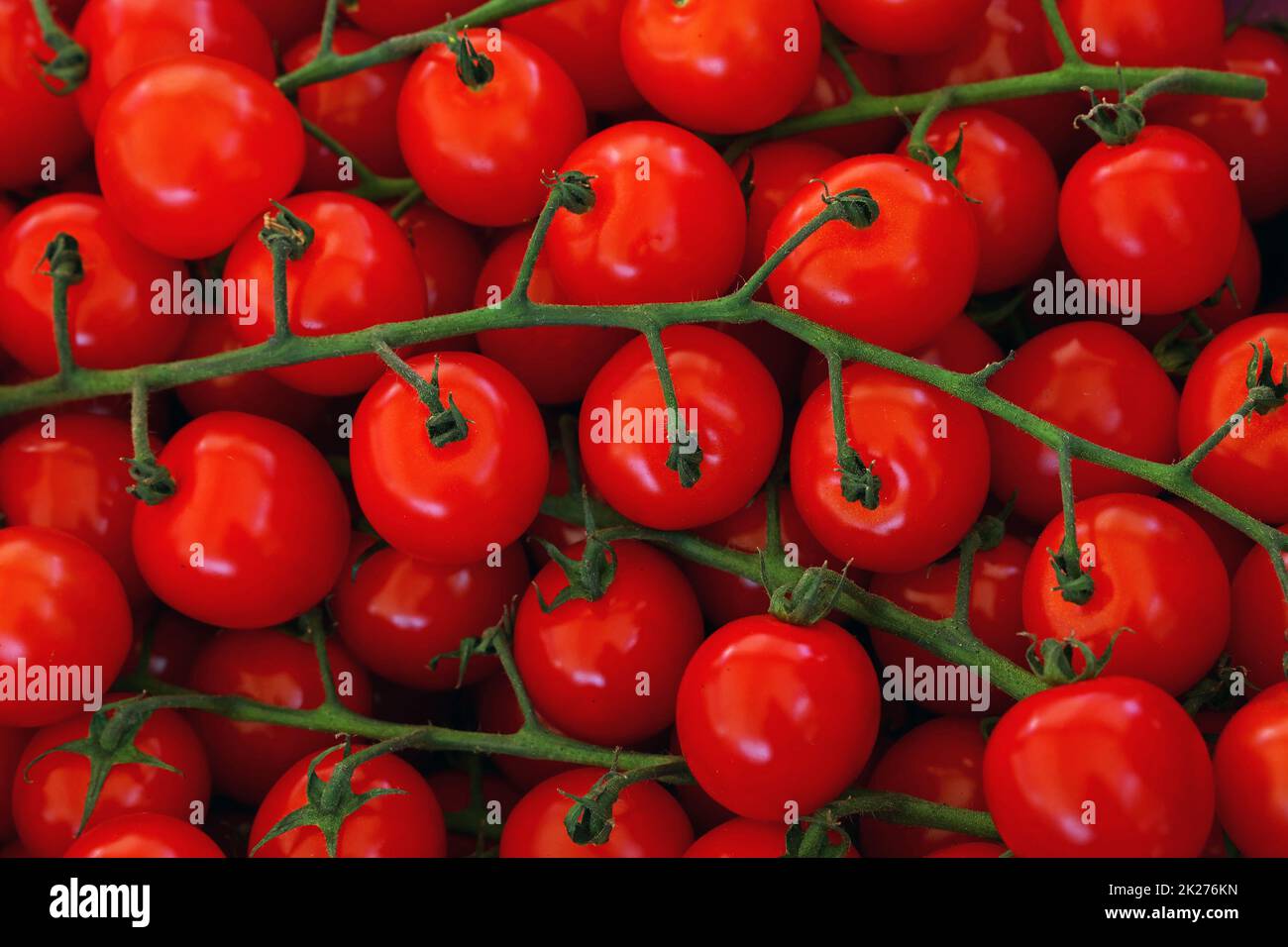 Close up rossi freschi pomodori ciliegia nel retail Foto Stock