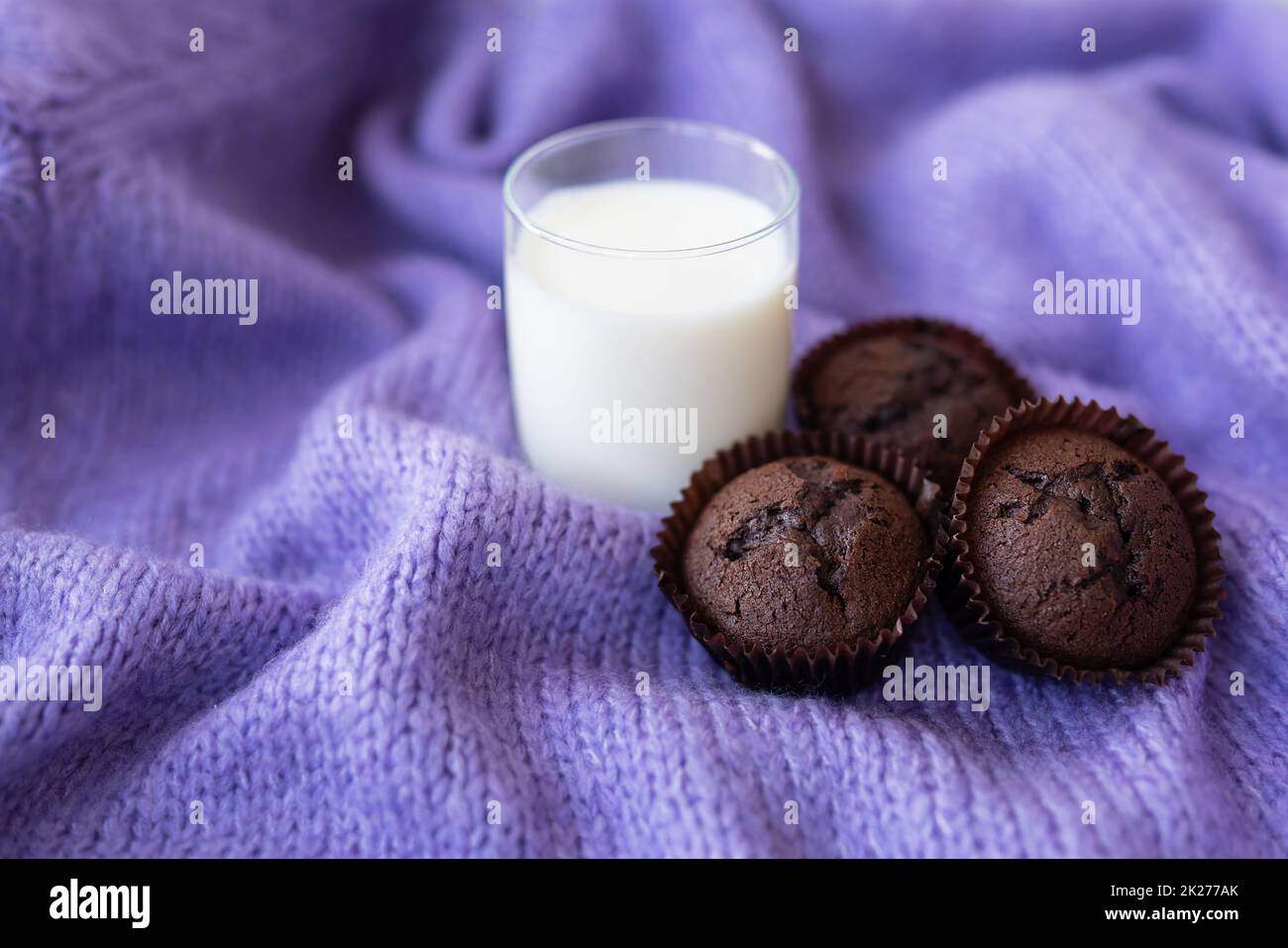 I cupcake al cioccolato, insieme ad un bicchiere di latte, si stagliano su un tessuto a maglia viola. Primo piano, posto per un'iscrizione. Foto Stock