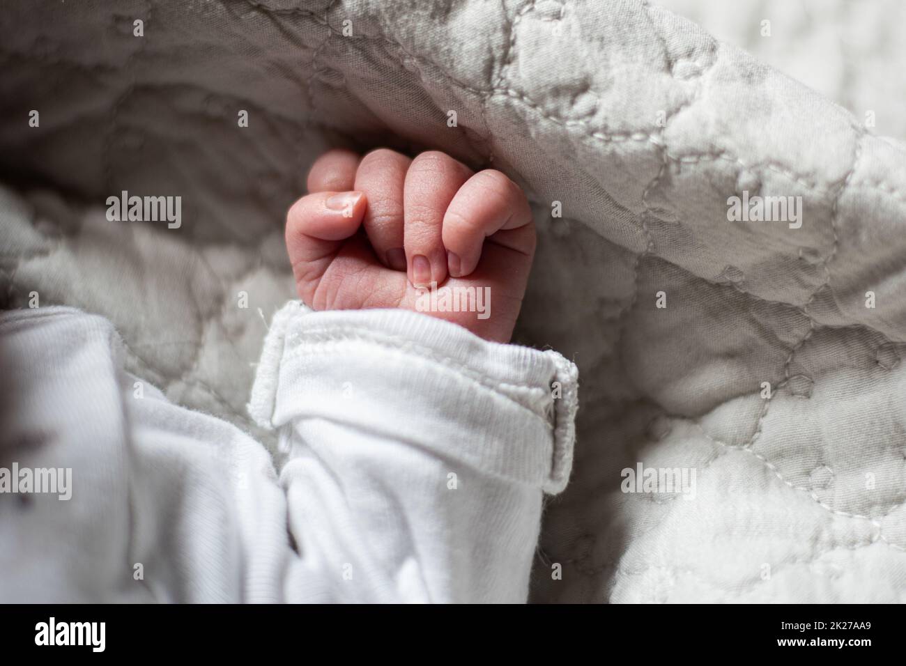 La mano di un neonato. Foto Stock