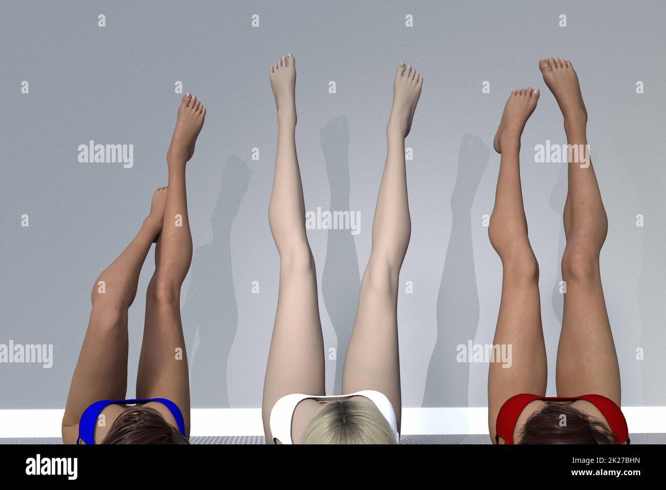 Primo piano delle gambe di tre donne sollevate nell'aria, 3D render Foto Stock