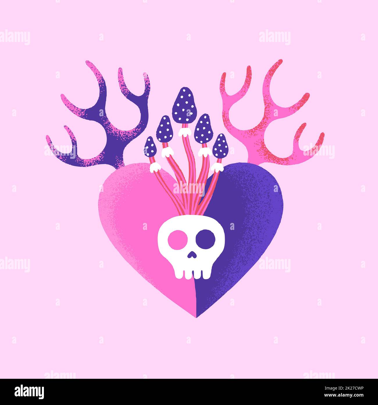 Cuore pericoloso. Carta creativa di San Valentino. Arte contemporanea Illustrazione vettoriale mistica nei colori rosa e viola Foto Stock