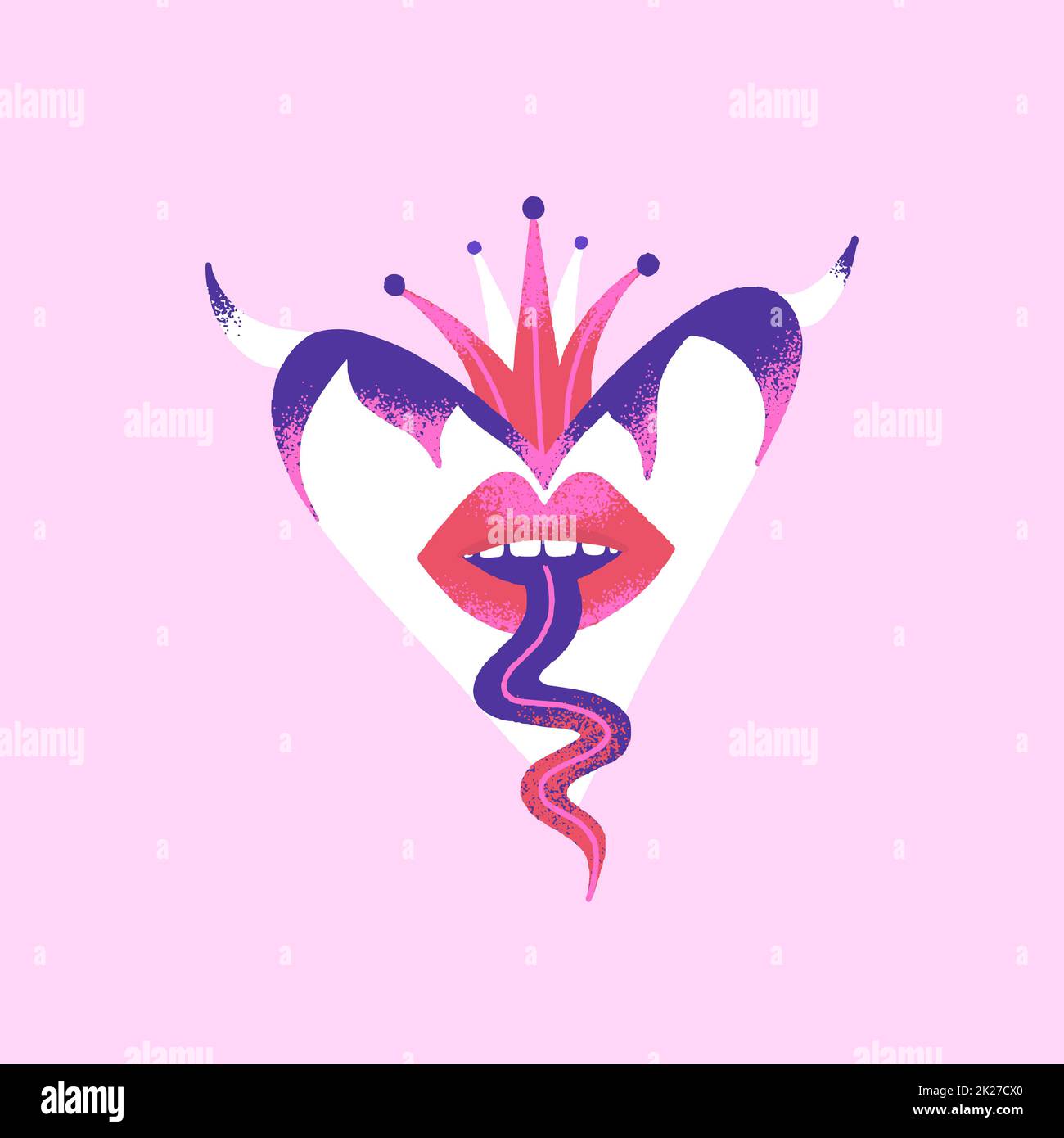 Cuore pericoloso. Carta creativa di San Valentino. Arte contemporanea Illustrazione vettoriale mistica nei colori rosa e viola Foto Stock