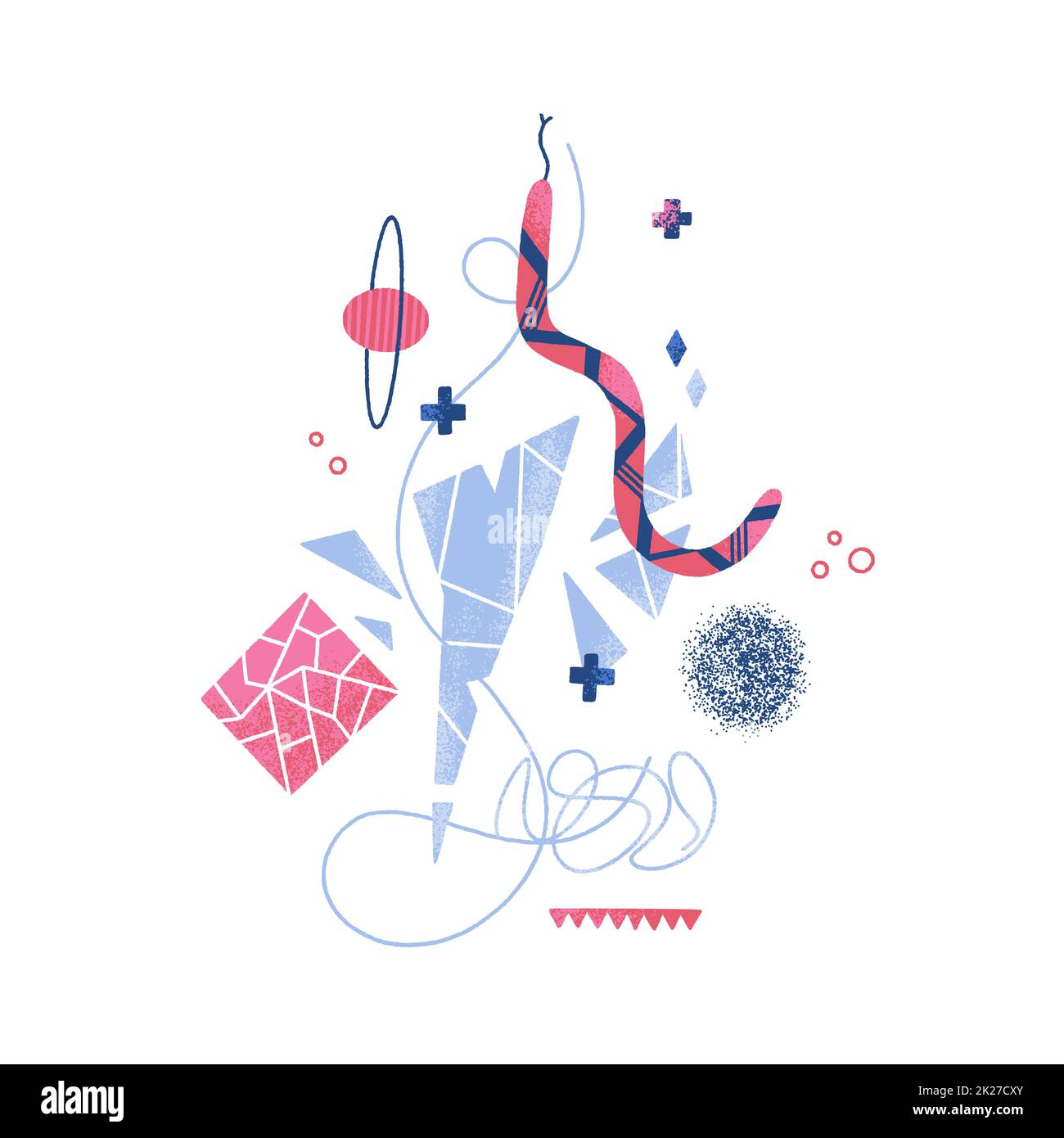 Astratta mitica misteriosa composizione di serpente, vetro rotto, pianeta, forme diverse. Arte moderna Foto Stock