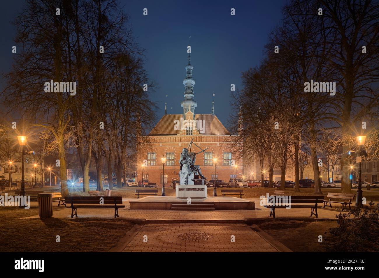 Monumento a Johannes Hevelius - Jan Heweliusz. Municipio della Città Vecchia di Danzica Foto Stock