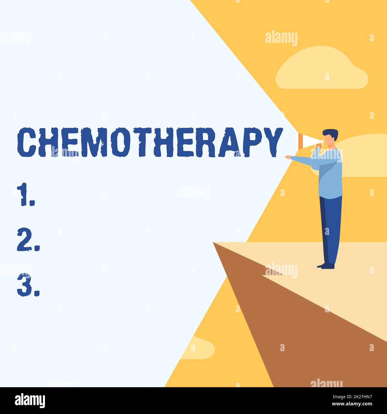 Scrittura con visualizzazione di testo chemioterapia. Concetto del Internet il trattamento della malattia dall'uso delle sostanze chimiche imprenditore disegno in piedi nella scogliera usando Megaphone che fa l'annuncio. Foto Stock