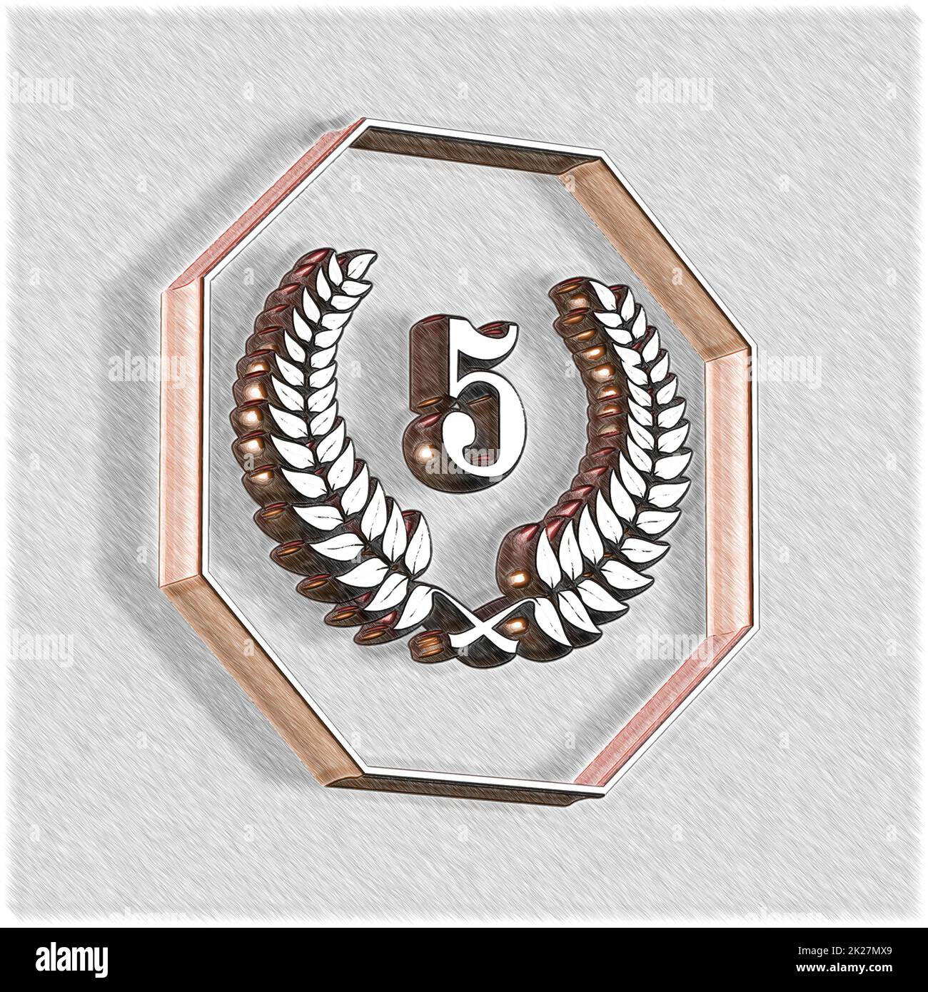 Numero 5 con corona di alloro o corona d'onore come 3D-illustrazione, 3D-rendering Foto Stock