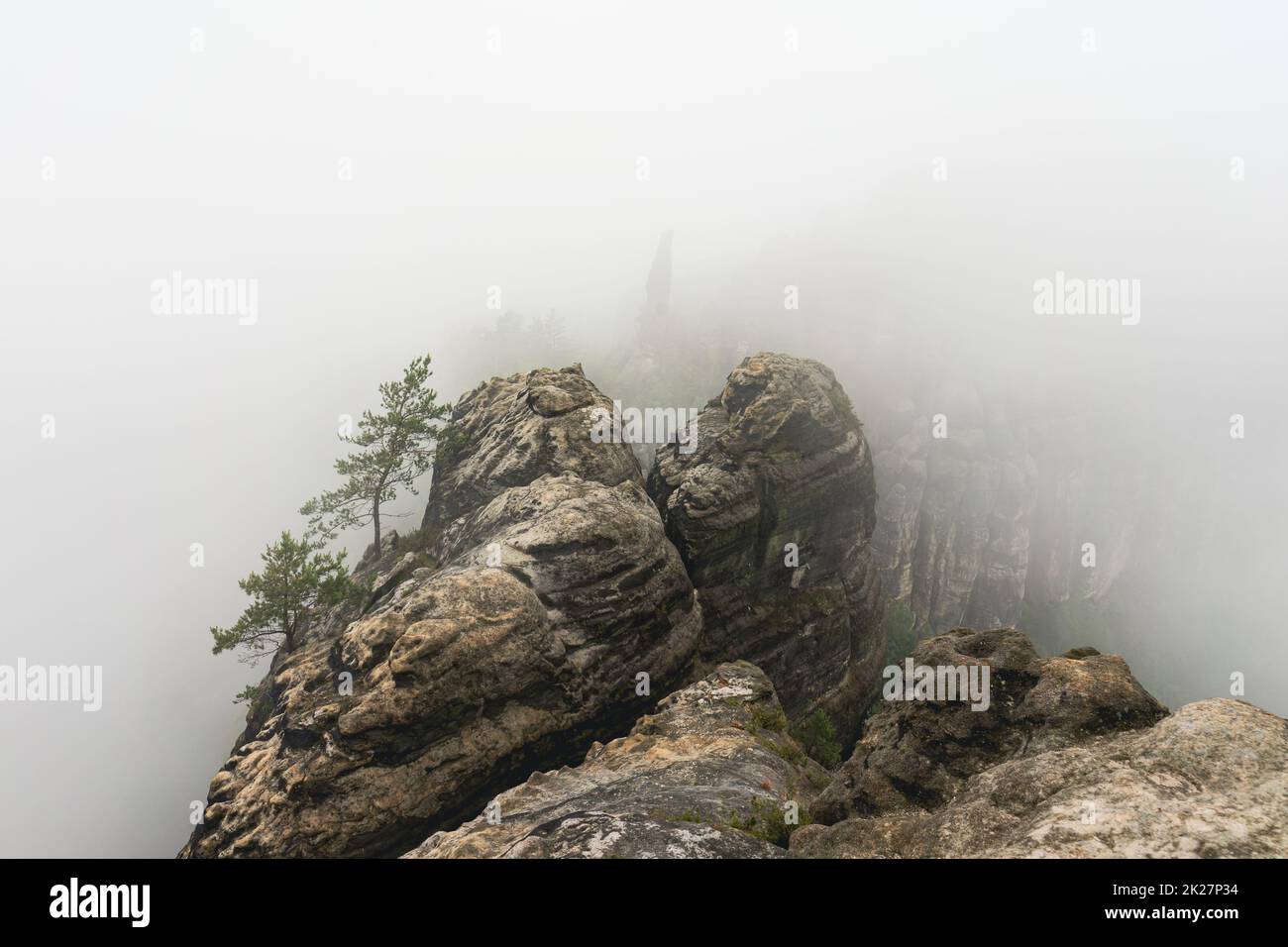 Una mattina presto nuvolosa in montagna. Schrammsteine - un gruppo di rocce è un lungo, steso-fuori, molto frastagliato nelle montagne di arenaria dell'Elba situato nella Svizzera Sassone nella Germania orientale. Foto Stock