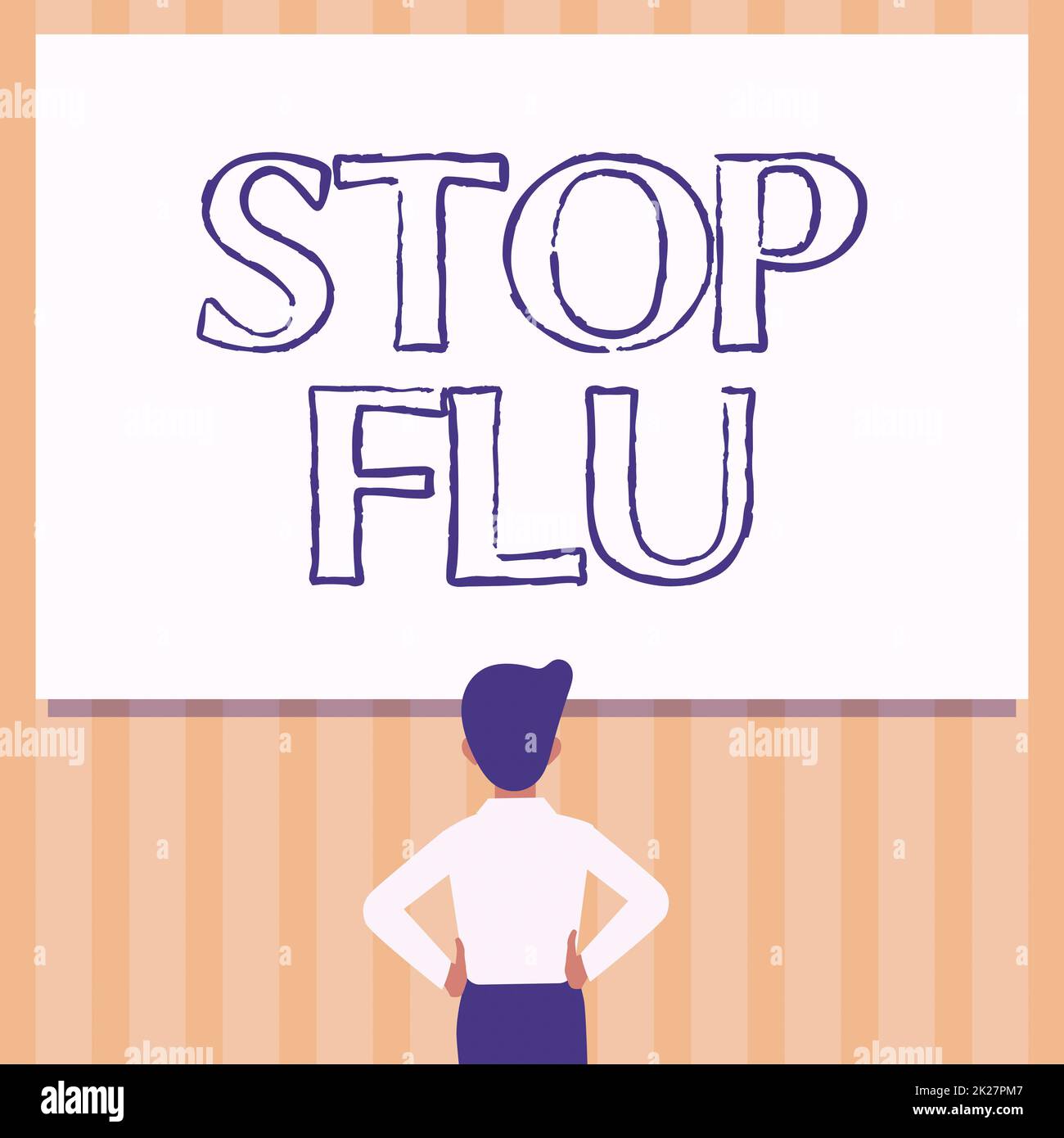 Ispirazione che mostra il segno Stop Flu. Parola per mettere una fine dell'infezione virale dei vostri polmoni e vie aeree uomo disegno mani in piedi N fianchi guardando un Whiteboard vuoto. Foto Stock