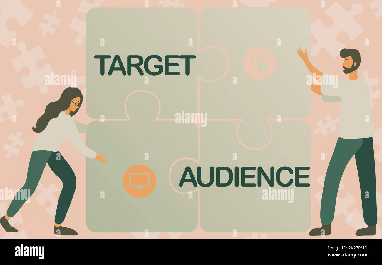 Scrittura di testo visualizzazione pubblico di destinazione. Business Concept gruppo di consumatori più probabile essere interessati colleghi disegno di montaggio quattro pezzi di Jigsaw Puzzle insieme lavoro di squadra. Foto Stock