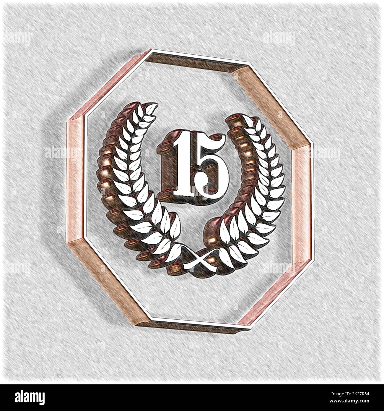 Numero 15 con corona di alloro o corona d'onore come 3D-illustrazione, 3D-rendering Foto Stock