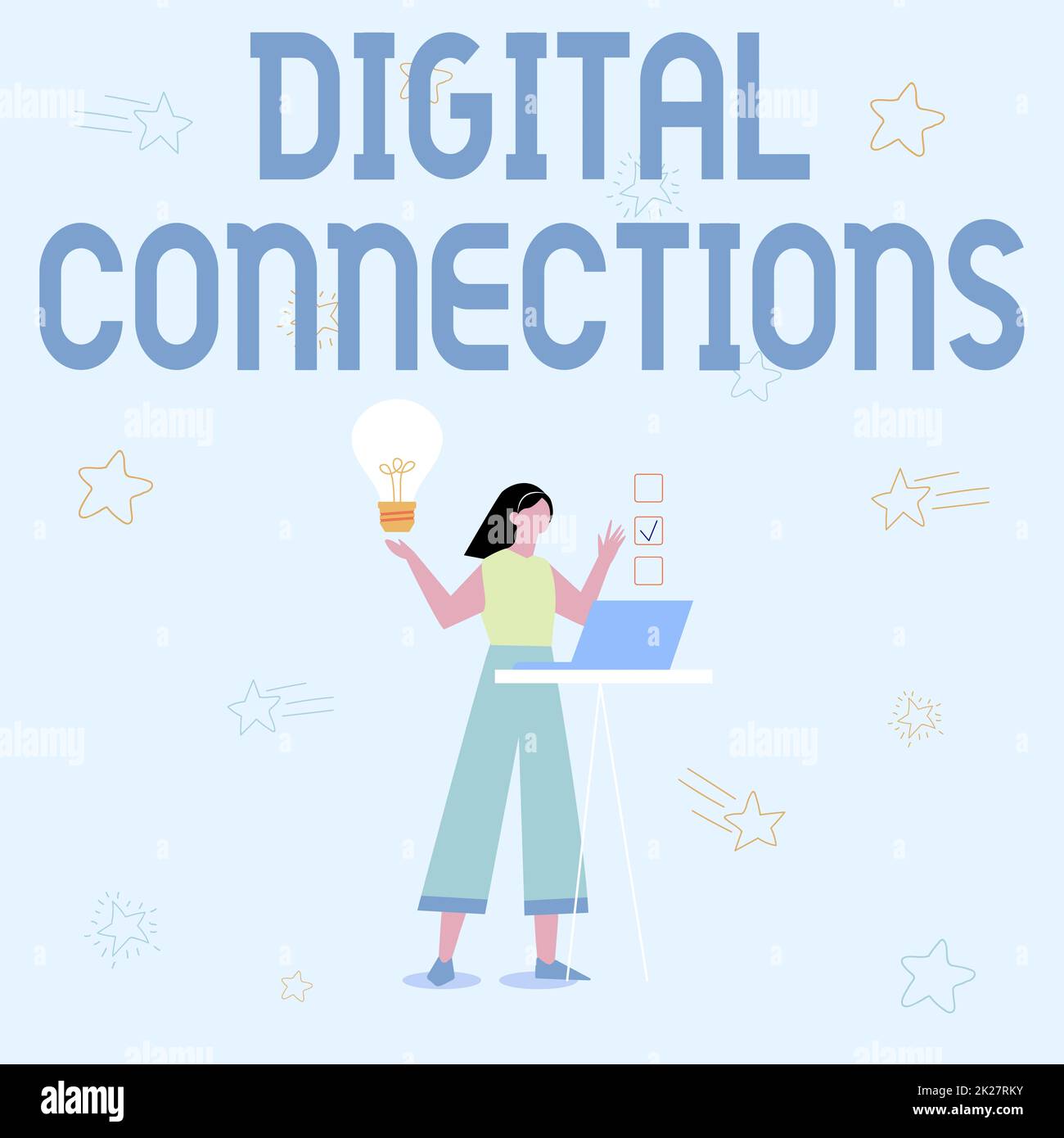 Simbolo di testo che mostra le connessioni digitali. Word per la rete virtuale che collega l'utente ai suoi contatti Illustrazione di ragazza utilizzando laptop avere idee e fare checklist. Foto Stock