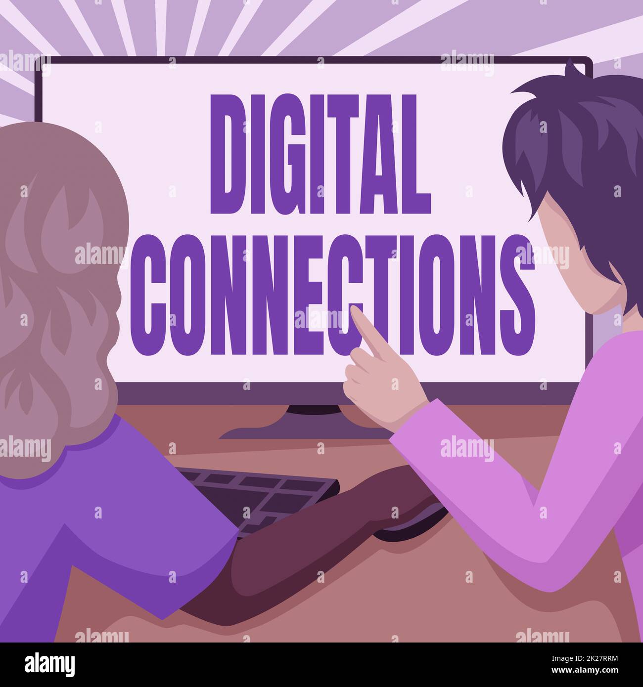 Scrittura visualizzazione testo connessioni digitali. La rete virtuale concettuale della foto collega l'utente ai suoi contatti Coppia disegno usando il computer desktop che realizza il loro lavoro. Foto Stock