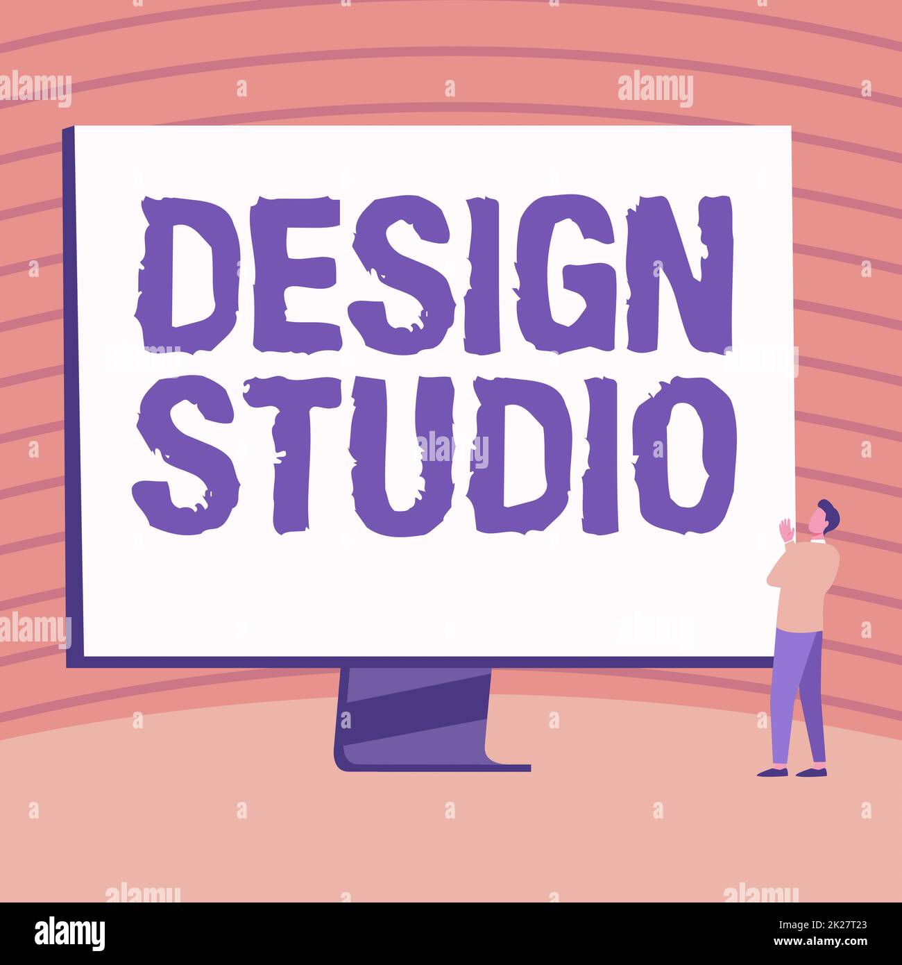 Firma di scrittura a mano Design Studio. Business idea ambiente di lavoro specifico per designer e artigiani Man Standing Drawing guardare il grande monitor Display mostrando le notizie. Foto Stock