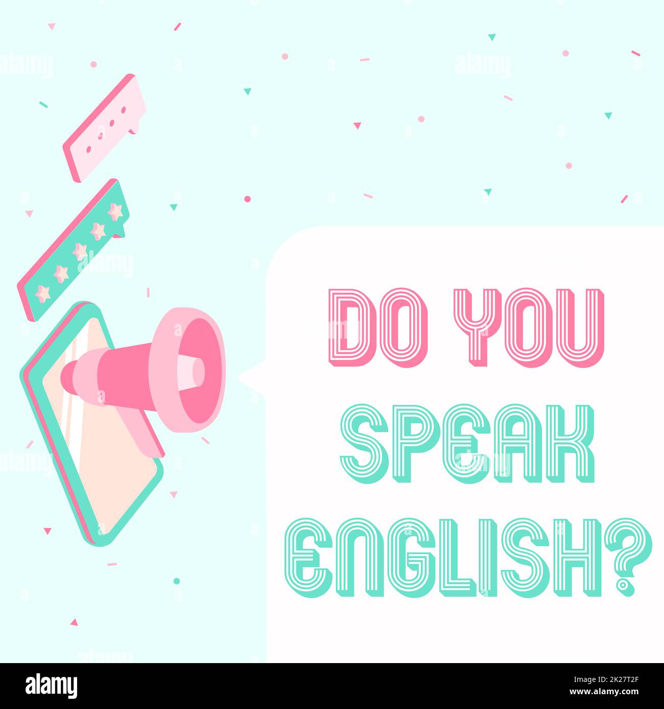 Visualizzazione del cartello parla inglese domanda. Parola scritta sopra per sapere se la persona può dire la coppia inglese di Megaphone che produce i Thunders che fanno l'annuncio. Foto Stock