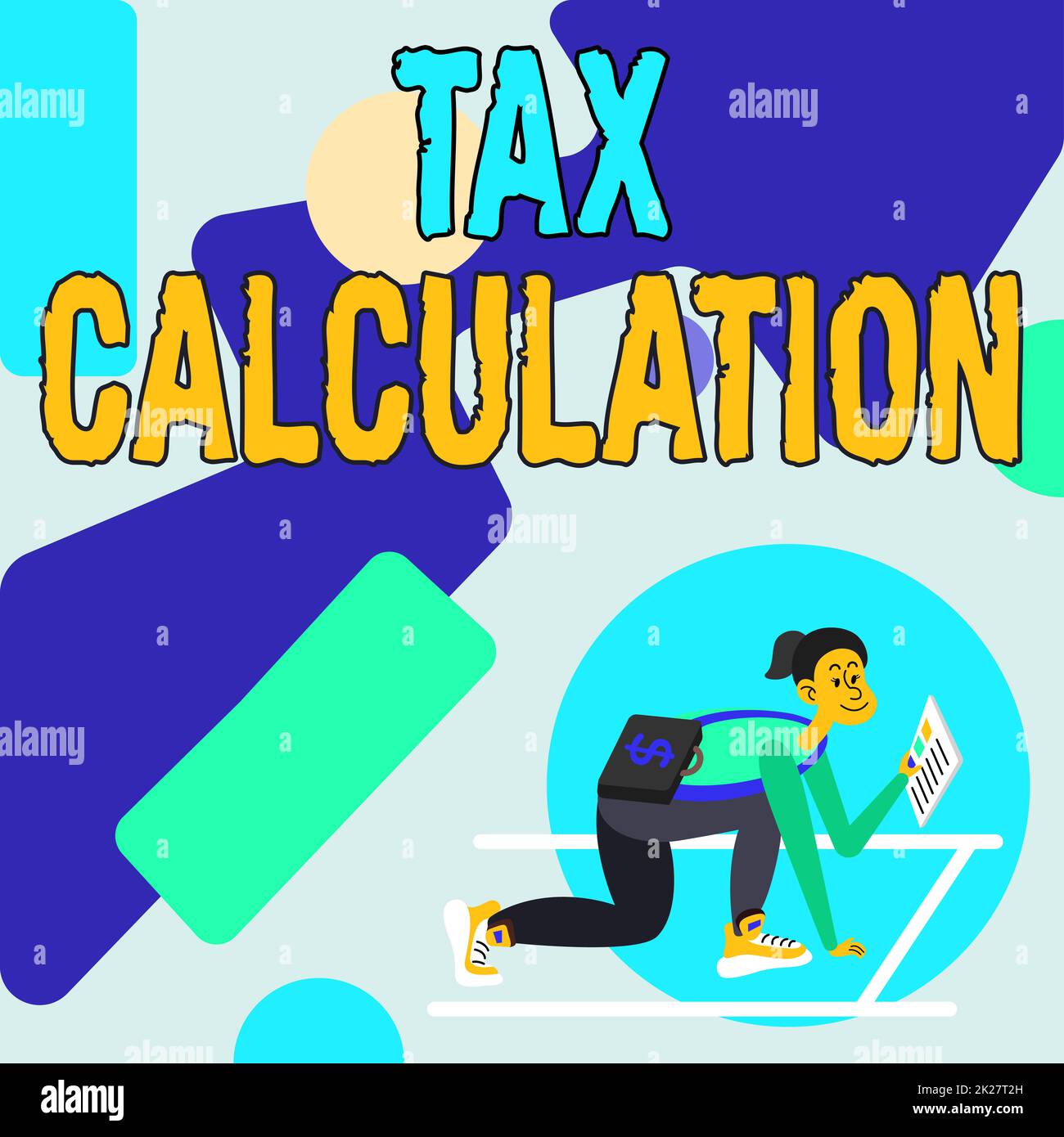 Testo che mostra il calcolo dell'imposta di inspirazione. Panoramica aziendale una valutazione di quanto pagare al governo Donna trasporto Briefcase lettura Quotidiani preparazione per iniziare a investire. Foto Stock