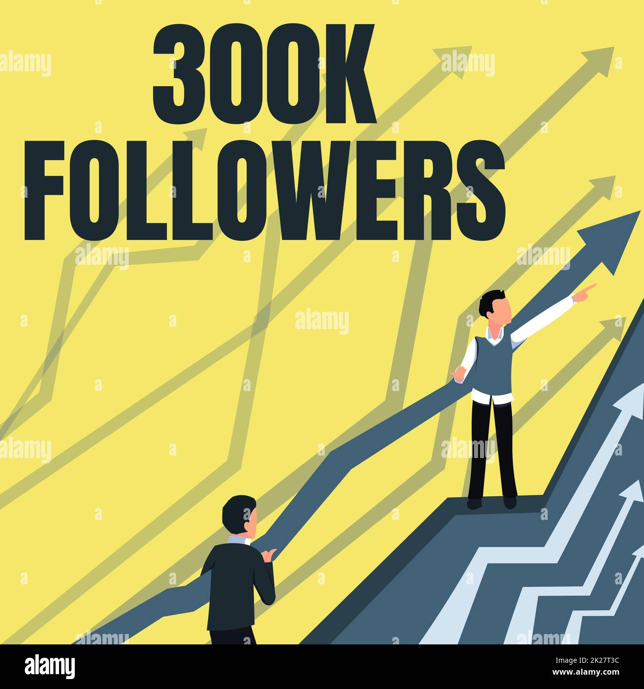 Segno che mostra 300K follower. Business Concept numero di persone che seguono qualcuno in Instagram Arrows guidando due imprenditori collaboranti verso un piano finanziario migliore. Foto Stock