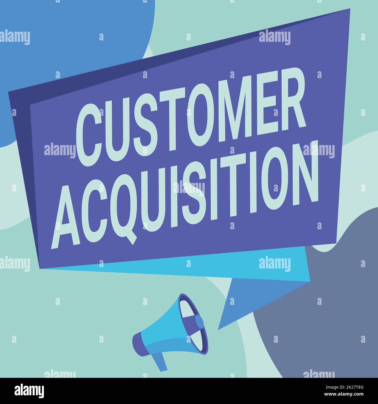 Didascalia di testo che presenta l'acquisizione del cliente. Parola per esso si riferisce a guadagnare i nuovi consumatori al Megaphone di affari che disegna parlare a chiacchierata che fa l'annuncio della scatola. Foto Stock