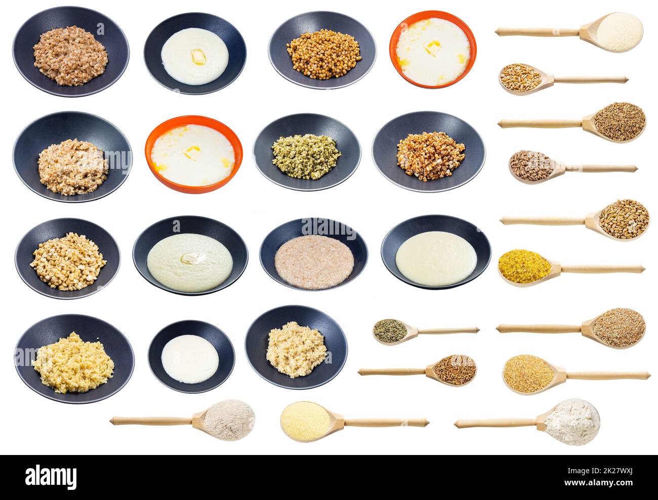 set di vari grani crudi e cotti Foto Stock