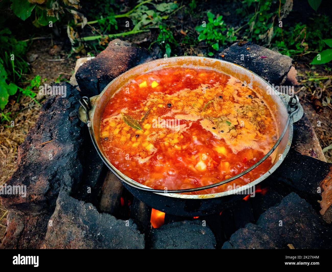 Piatto culinario della cucina nazionale di borscht rosso Ucraina. Borscht ucraino rosso. Nazionale ucraino cucina. Cucina all'aperto. Cibo in un burni di legno Foto Stock