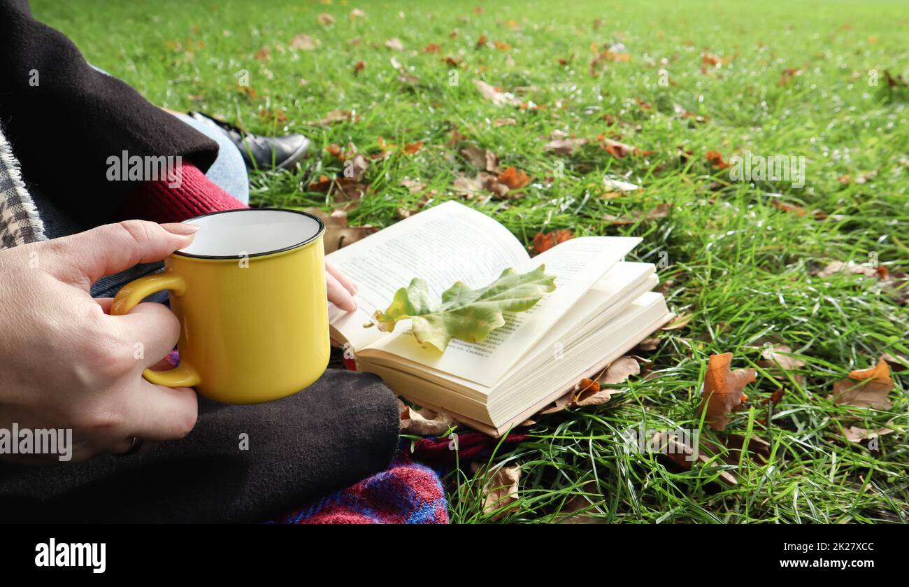Una ragazza si siede su una coperta nella foresta autunnale, legge un libro e beve una bevanda calda da una tazza gialla in un parco cittadino in una giornata calda su un prato verde. Il concetto di lettura, relax e comfort. Foto Stock