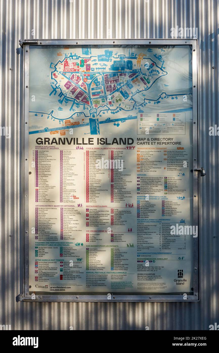 Mappa turistica di Granville Island sul lato di un edificio, Vancouver, BC, Canada Foto Stock