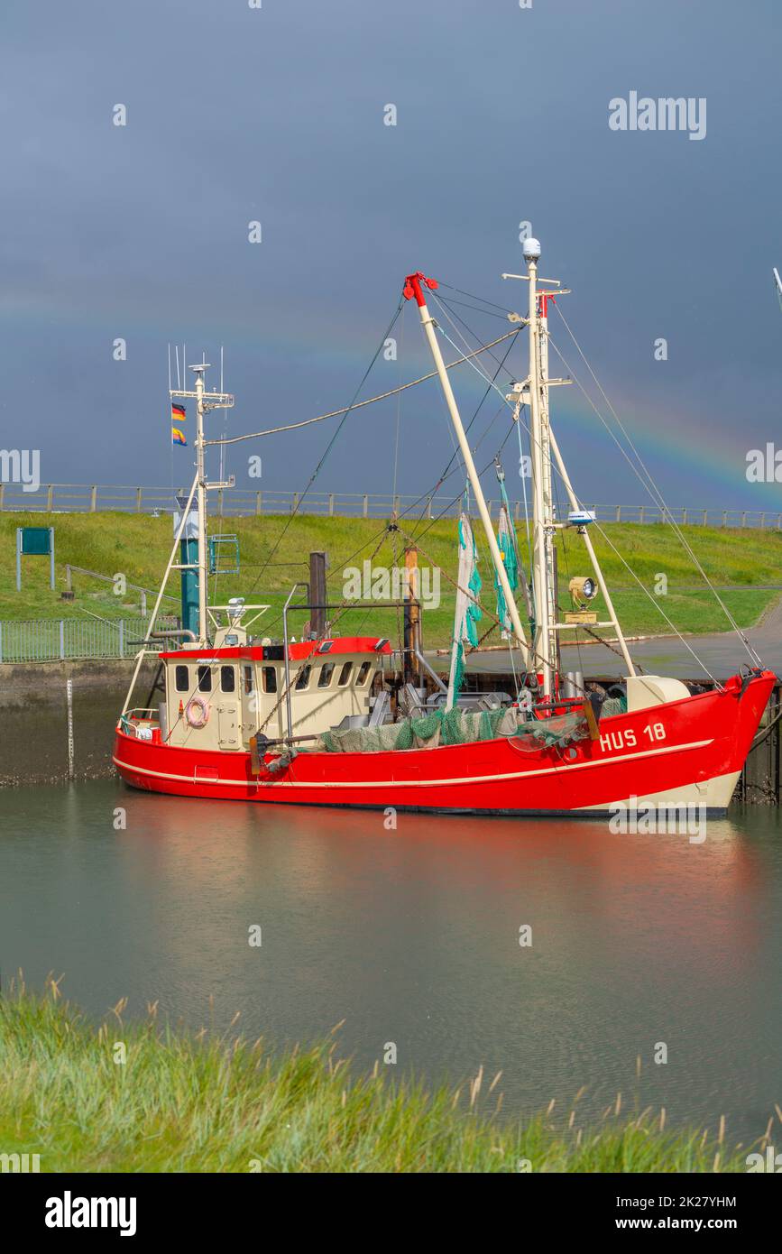 Peschereccio nel porto di Süderhafen, nella penisola di Nordstrand, nella Frisia settentrionale, nello Schleswig-Holstein, nella Germania settentrionale, Foto Stock
