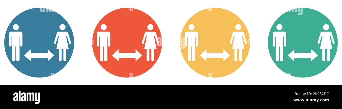 Banner colorato con 4 pulsanti: Freccia distanziatrice tra due persone Foto Stock