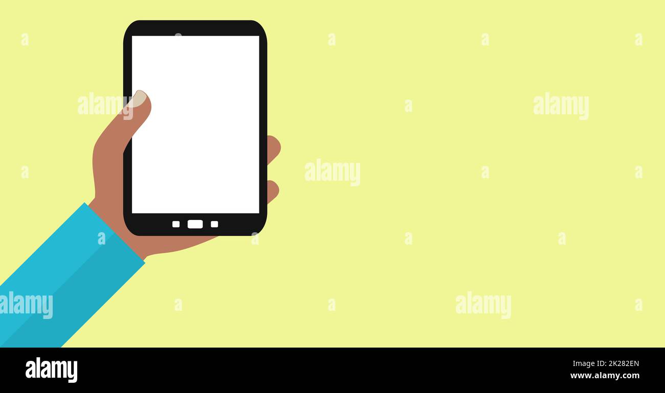 Banner dal design piatto - display smartphone vuoto - persona a colori Foto Stock
