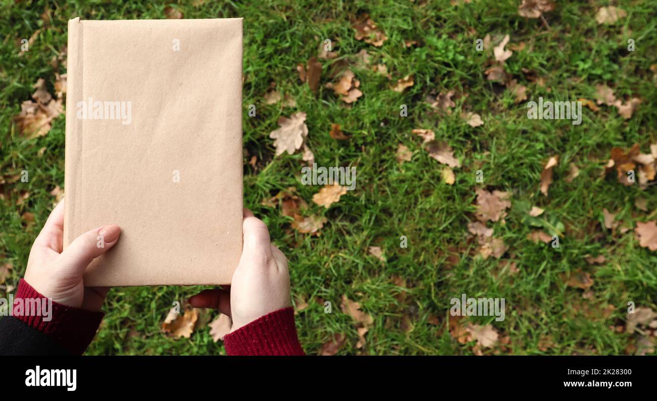 Un libro chiuso in una copertina di carta artigianale in mani femminili con erba verde e foglie gialle cadute sullo sfondo. Piano di giacitura, vista dall'alto. Modello, layout. Spazio di copia. Foto Stock